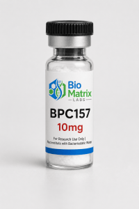 A small glass vial with a black cap and white label containing the text "BPC157 10mg" in black and red letters, with a blu...