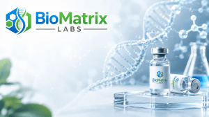 A laboratory with a DNA strand and two vials of BioMatrix Labs, a company logo in the upper-left corner.