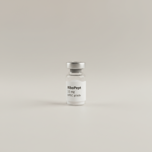 Professional e-commerce product photography of a **brandless** RiboPept 10 mg HPLC grade (HPLC grade ribosome interacting peptide in a compact vial.). The entire environment is a perfectly uniform, flat, solid color #EAE9E7 (light warm gray) with absolutely no gradient, vignette, spotlighting, texture, noise, or grain. The object is centered and tiny, occupying only 25% of the frame, surrounded by massive negative space. The background and floor are a seamless, infinite cyclorama of solid color #EAE9E7 with no horizon line, no corner, and no visible wall/floor transition. Lighting: ultra-even high-key with very strong global illumination and soft, multi-directional bounced fill (studio light tent look). Bright exposure (lifted midtones and shadows, low contrast), slightly overexposed overall while preserving product detail. Fully diffuse, no hard shadows, no cast shadows; at most a barely visible neutral contact shadow. No harsh specular highlights. Framing: simple 3/4 view. Perfectly centered. Style: ultra-clean, minimalistic. No logos, no text, no distractions. 8k resolution, sharp details on the object.