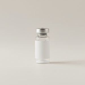 Professional e-commerce product photography of a **brandless** ThermoSeal Peptide 100 mg vial (100 mg peptide in a secure vial designed for robust routine use.). The entire environment is a perfectly uniform, flat, solid color #EAE9E7 (light warm gray) with absolutely no gradient, vignette, spotlighting, texture, noise, or grain. The object is centered and tiny, occupying only 25% of the frame, surrounded by massive negative space. The background and floor are a seamless, infinite cyclorama of solid color #EAE9E7 with no horizon line, no corner, and no visible wall/floor transition. Lighting: ultra-even high-key with very strong global illumination and soft, multi-directional bounced fill (studio light tent look). Bright exposure (lifted midtones and shadows, low contrast), slightly overexposed overall while preserving product detail. Fully diffuse, no hard shadows, no cast shadows; at most a barely visible neutral contact shadow. No harsh specular highlights. Framing: simple 3/4 view. Perfectly centered. Style: ultra-clean, minimalistic. No logos, no text, no distractions. 8k resolution, sharp details on the object.