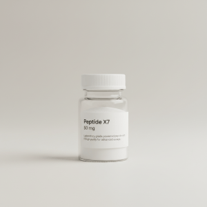 Professional e-commerce product photography of a **brandless** Peptide X7 50 mg powder (Laboratory grade powdered peptide with high purity for advanced assays.). The entire environment is a perfectly uniform, flat, solid color #EAE9E7 (light warm gray) with absolutely no gradient, vignette, spotlighting, texture, noise, or grain. The object is centered and tiny, occupying only 25% of the frame, surrounded by massive negative space. The background and floor are a seamless, infinite cyclorama of solid color #EAE9E7 with no horizon line, no corner, and no visible wall/floor transition. Lighting: ultra-even high-key with very strong global illumination and soft, multi-directional bounced fill (studio light tent look). Bright exposure (lifted midtones and shadows, low contrast), slightly overexposed overall while preserving product detail. Fully diffuse, no hard shadows, no cast shadows; at most a barely visible neutral contact shadow. No harsh specular highlights. Framing: simple 3/4 view. Perfectly centered. Style: ultra-clean, minimalistic. No logos, no text, no distractions. 8k resolution, sharp details on the object.