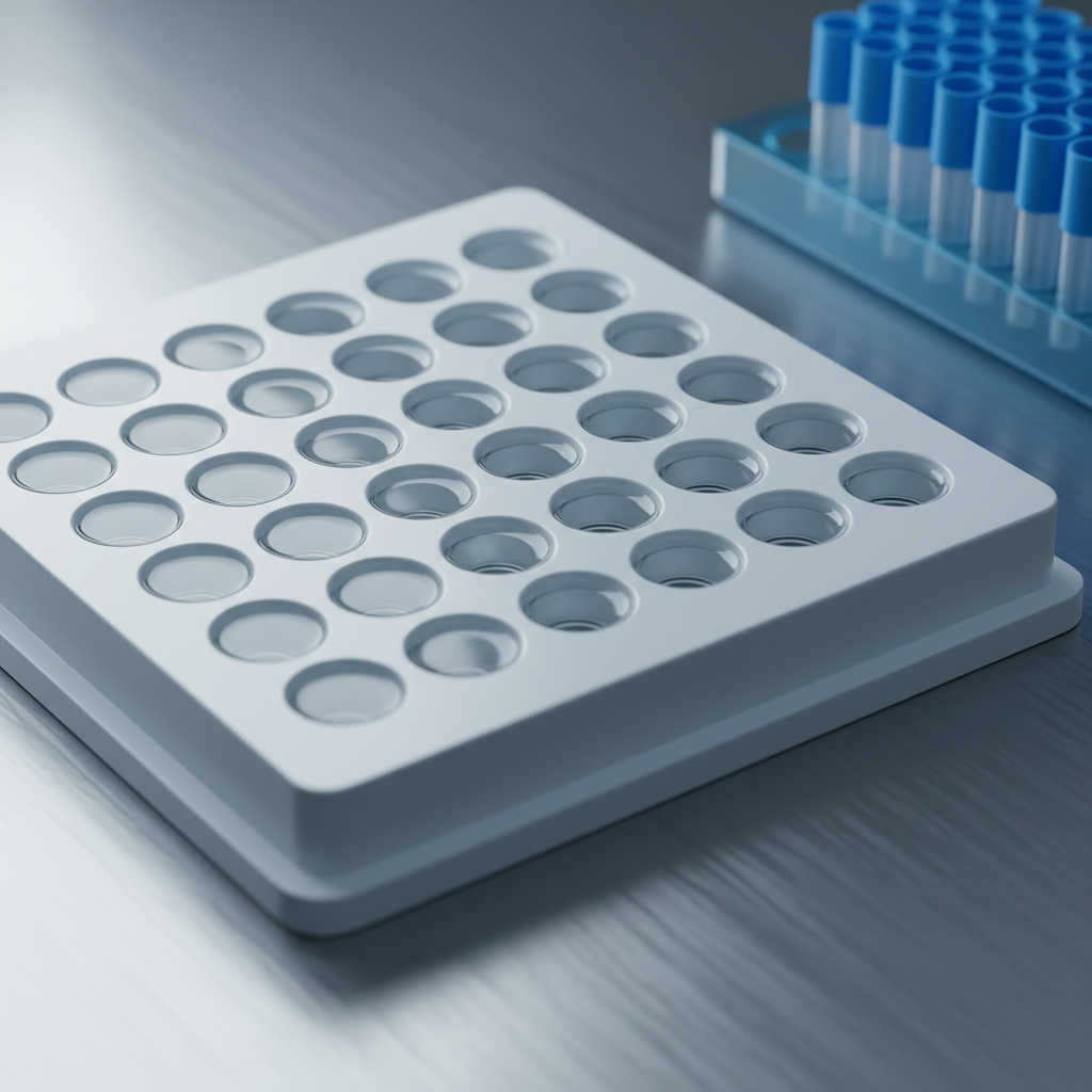 A close-up photographic view of a sterile polystyrene microplate partially filled with crystal-clear peptide solutions, the individual wells forming a precise geometric grid across the frame. The plate rests on a brushed stainless steel surface beside a neatly coiled blue micropipette tip box, both slightly out of focus. Soft, cool-toned studio lighting from the upper left creates gentle highlights along the well rims and faint reflections in each liquid surface, evoking precision and purity. Captured from a slightly elevated angle with a moderate depth of field, the central wells appear sharply detailed while edges fall into subtle blur. The atmosphere feels highly professional, controlled, and research-focused, aligning with a modern, clinical photographic aesthetic ideal for a product category banner.
