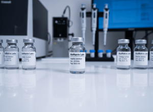 A row of meticulously labeled peptide vials made of clear borosilicate glass, each filled with colorless solution, arranged in a precise line on a spotless white laboratory bench. In the background, softly blurred analytical instruments, a digital pipette dock, and a faintly glowing blue lab monitor suggest an advanced research environment. Cool, diffused overhead lab lighting creates crisp reflections on the glass and subtle shadows that emphasize order and cleanliness. Shot at eye level with a shallow depth of field, the focus is razor sharp on the front-center vial label reading “BioMatrix Labs”. The mood is professional, clinical, and trustworthy, in a clean, photographic realism style suitable for a scientific e-commerce homepage hero image.