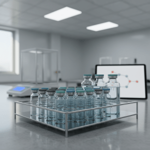 An array of research peptide vials in varying sizes, each with color-coded caps in muted blues, teals, and grays, neatly aligned in a stainless-steel lab rack on a polished benchtop. A high-precision analytical balance and a tablet displaying a simple molecular diagram sit softly blurred in the background. Even, cool-white lab lighting from above combines with a hint of side illumination from an unseen window, producing subtle reflections along the vial edges. Captured from a slightly elevated angle in photographic realism, the composition uses the rule of thirds to draw attention to the front row of vials, creating a modern, highly organized, and methodical atmosphere that emphasizes reliability and research-focused professionalism.