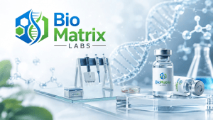 The image depicts a laboratory setting with a logo, a vial, and a beaker. The logo features a stylized DNA double helix an...